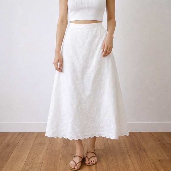 Reformation Dresses & Skirts - Reformation White 100% Linen Midi Skirt Size 6 Fully Lined Scallop Hem Summer